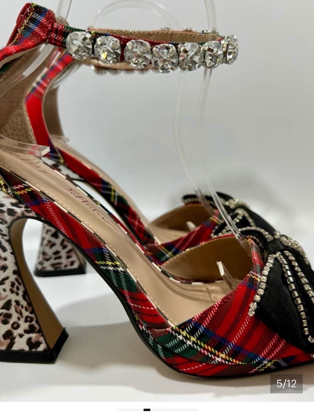 Betsey Johnson Red Plaid Heels with Black Bow and Crystal Trim straps. - Picture 4 of 5
